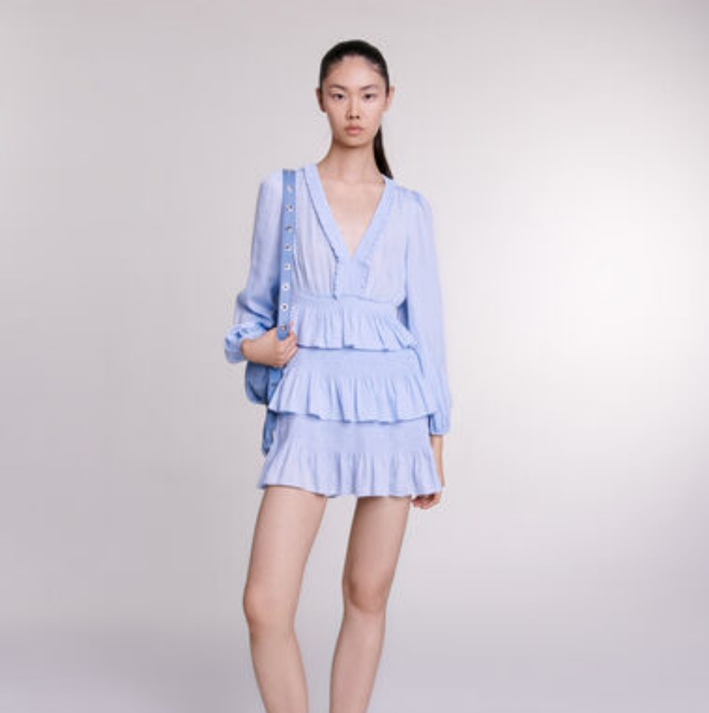 Maje light blue ruffle longsleeve dress
